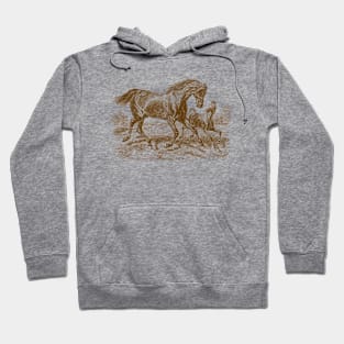 Mare and Foal, Motherhood Scene Vintage Animal Illustration Hoodie